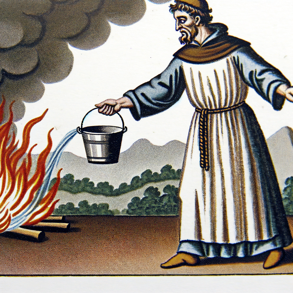heiler St. Florian der ein brennendes Haus mit einem Eimer Wasser löscht